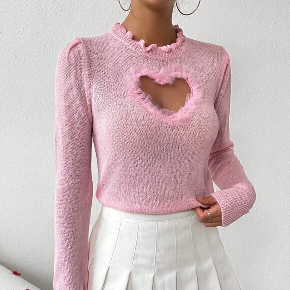 Pink Casual Women's Long Sleeve Sweater With Flounce Trim And Decorative Edges - Picture 3 of 5